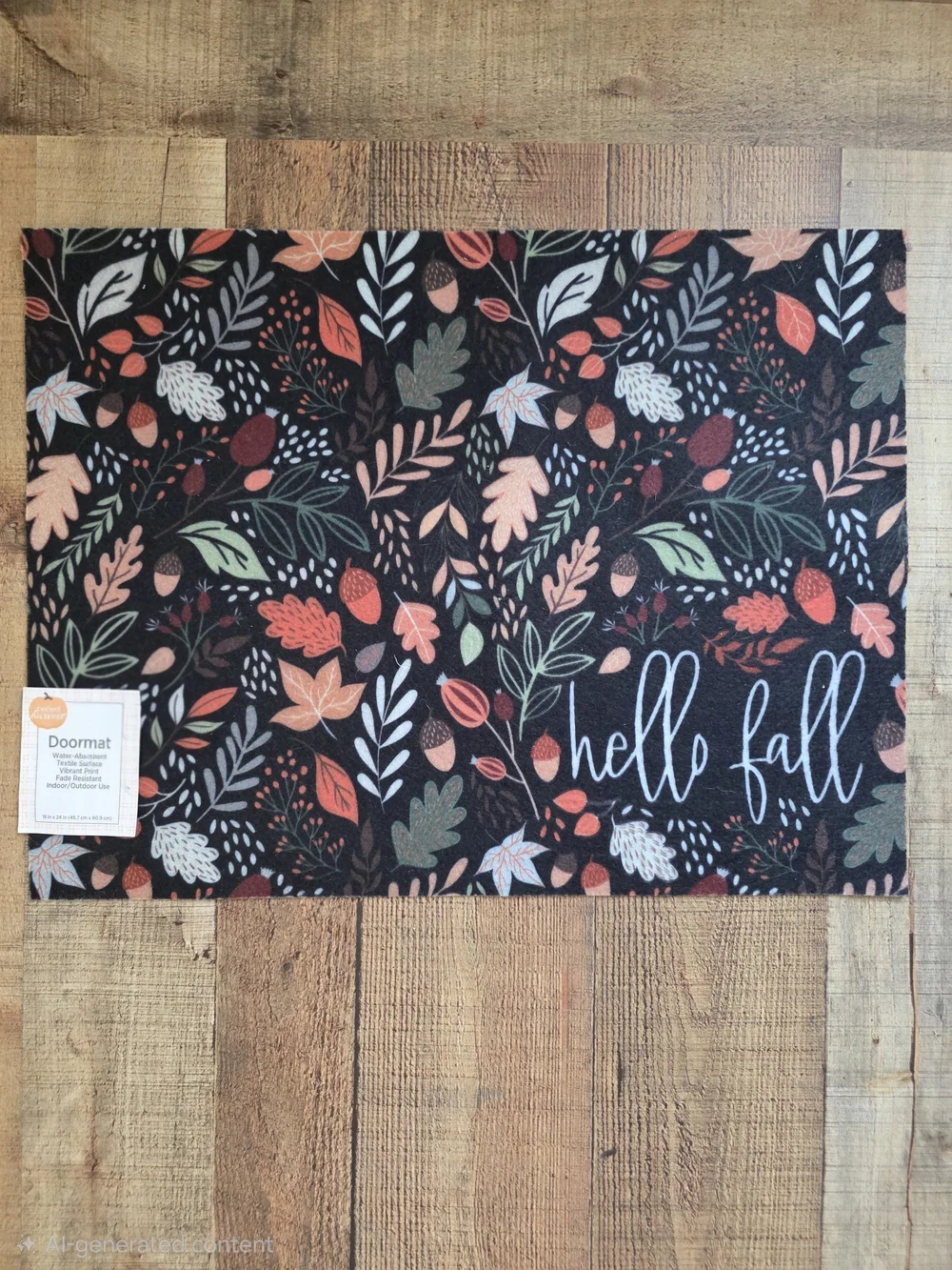 Hello Fall Doormat - Black with Colorful Autumn Leaves Acorns